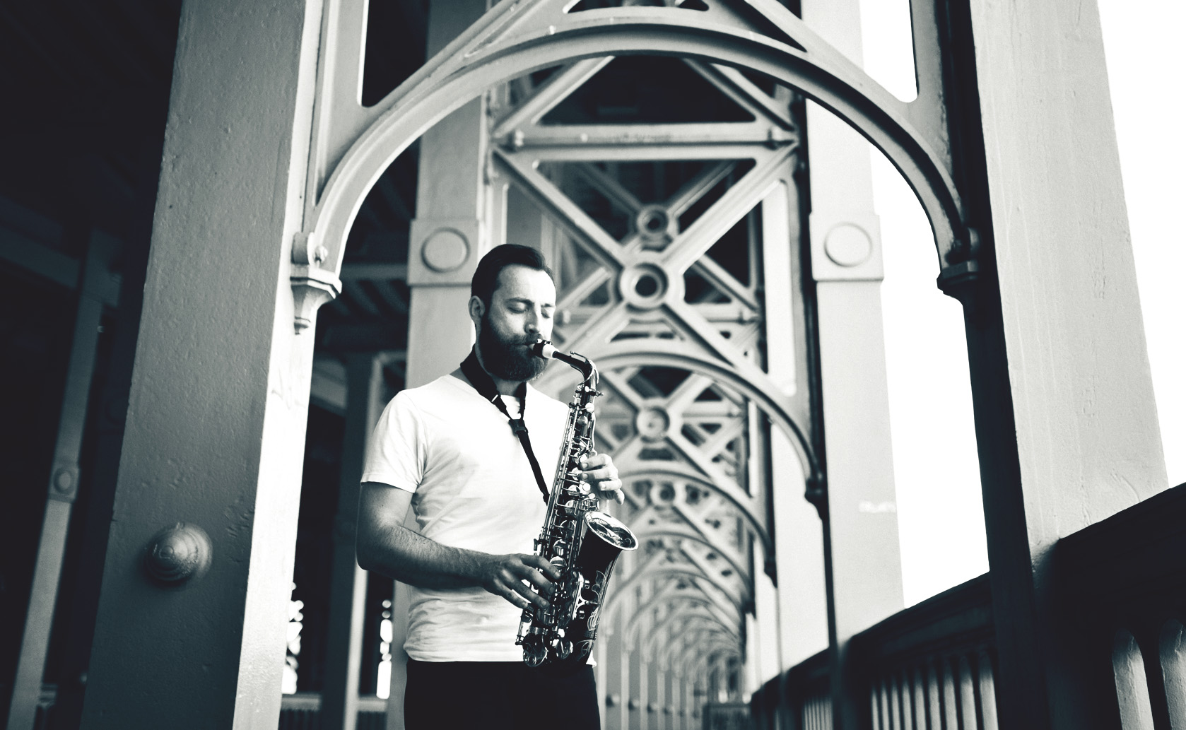 Wayne on Sax, Newcastle upon Tyne, Northumberland. Playing a Selmer series III saxophone on Tyne Bridge.